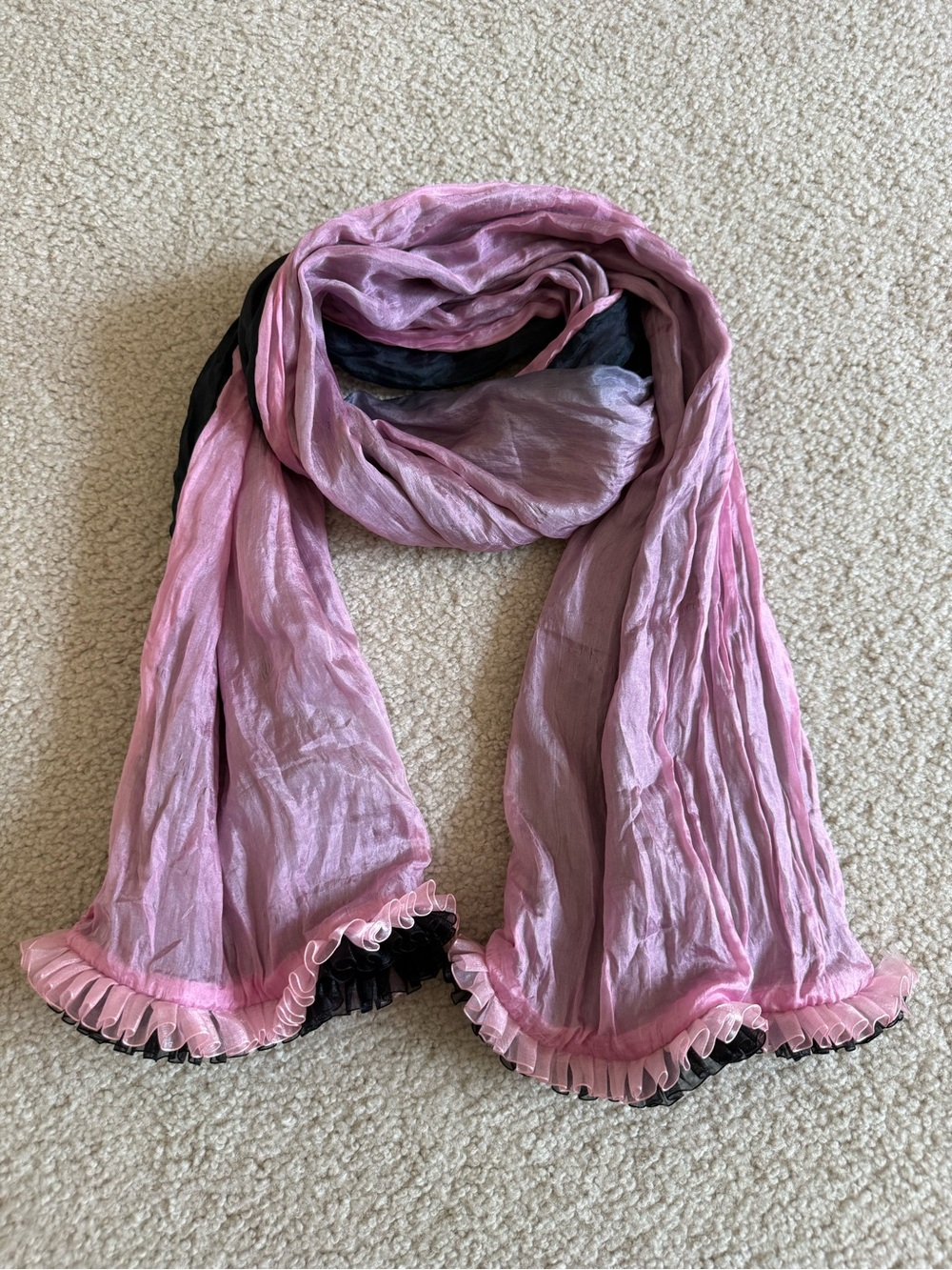 Silk pink and black crinkle scarf